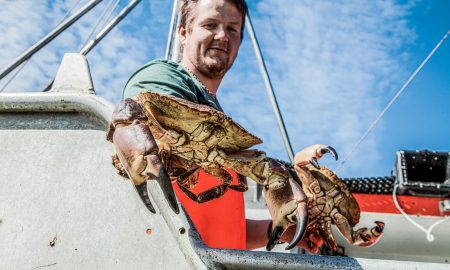 Kapitän Kip zeigt seinen Fang: frische Krabbe