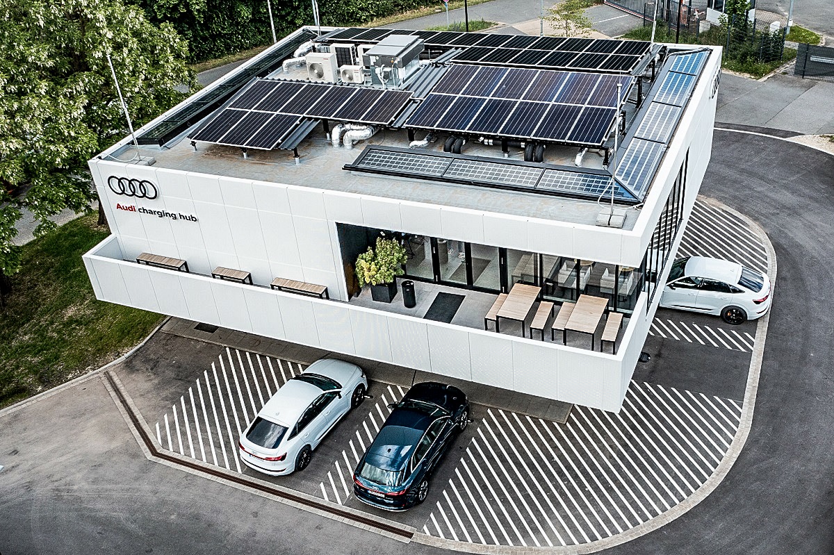 The Charging Hub in Nuremberg by Audi - a combination of e-fueling station with temporary workplace and gastronomy