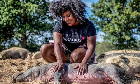 Woman with Veganuary t-shirt is committed to animal welfare.