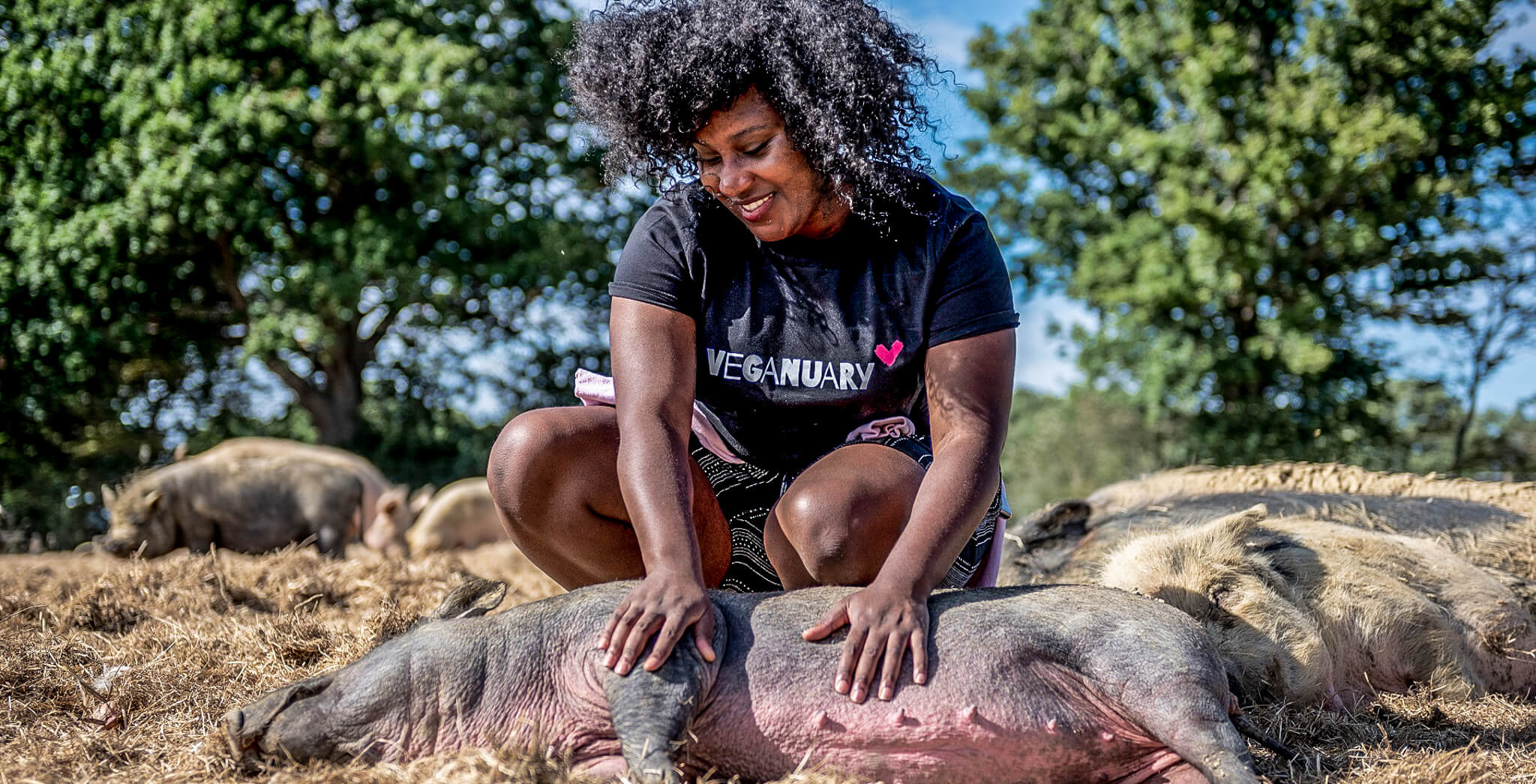 Woman with Veganuary t-shirt is committed to animal welfare.